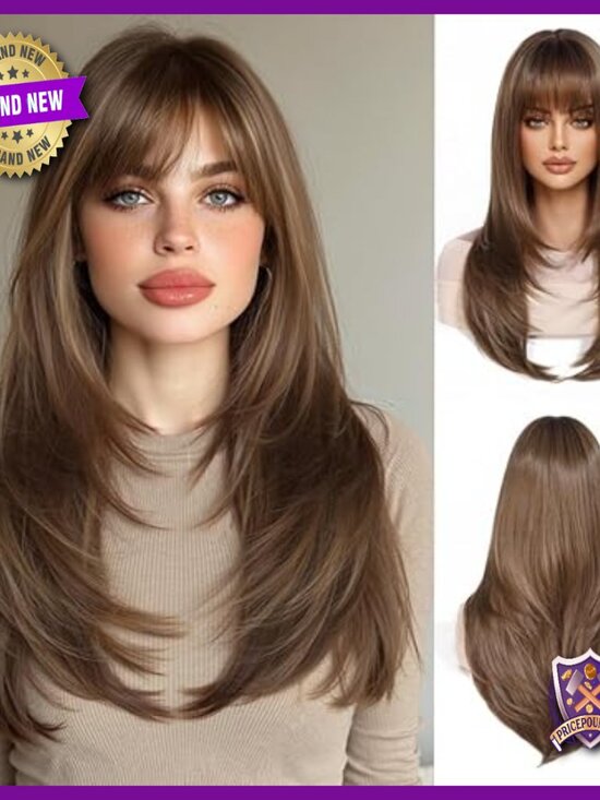 26 Inch Human Hair Wig With Full Bangs Straight Layered Everyday Wear